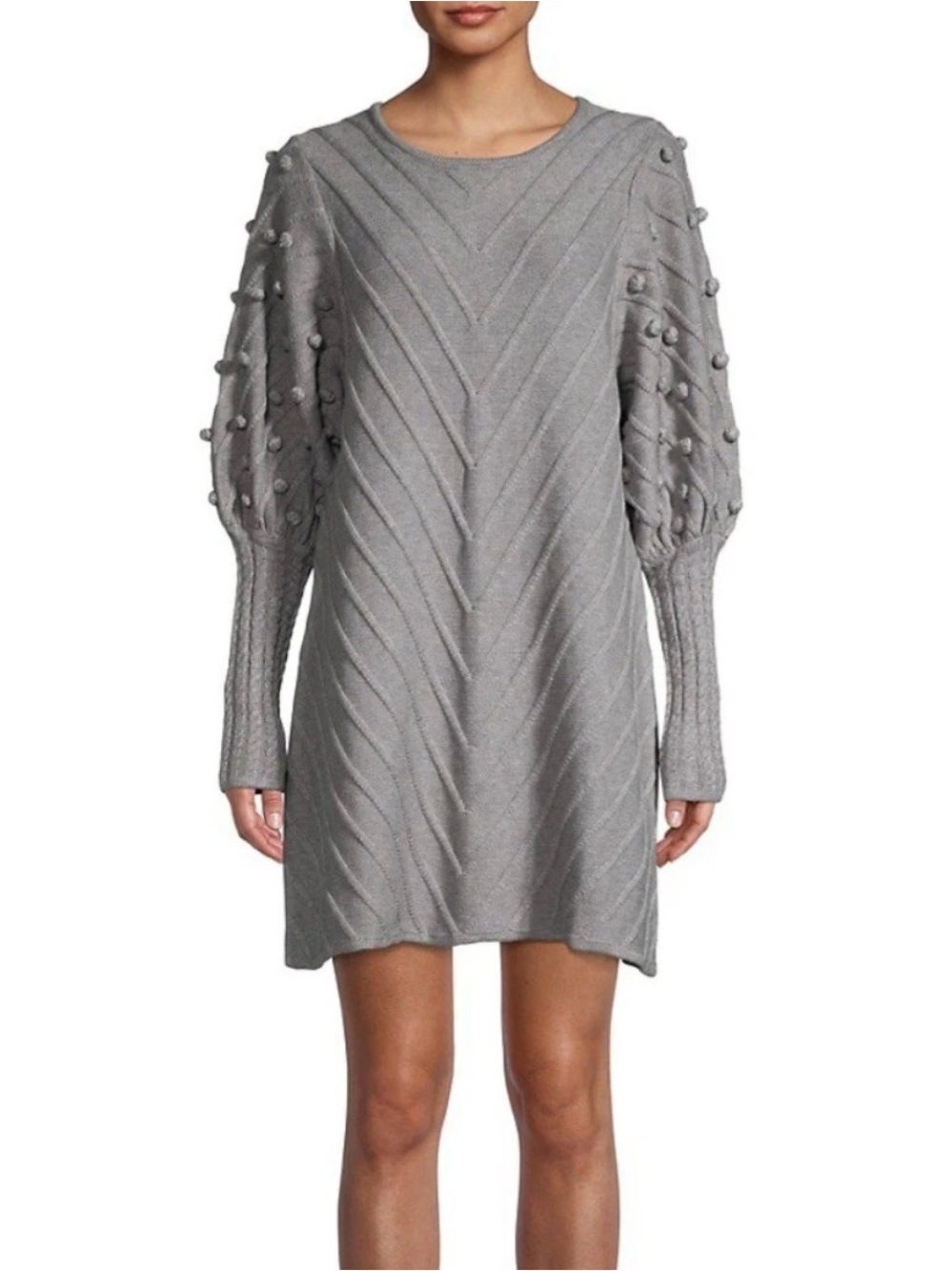 Avantlook Gray Puff Sleeve Chevron Knit Mini Sweater Dress